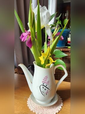 Vintage White Floral Porcelain Coffee Pot with Pink Blossom Detail - No Lid